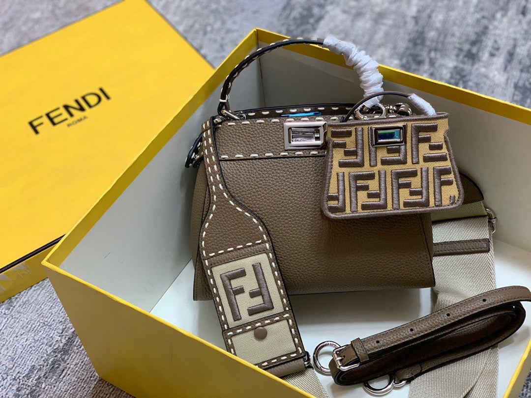 Fendi Peekaboo ISeeU Medium Leather Bag with FF Motif Strap and Mini Bag Charm - Brown