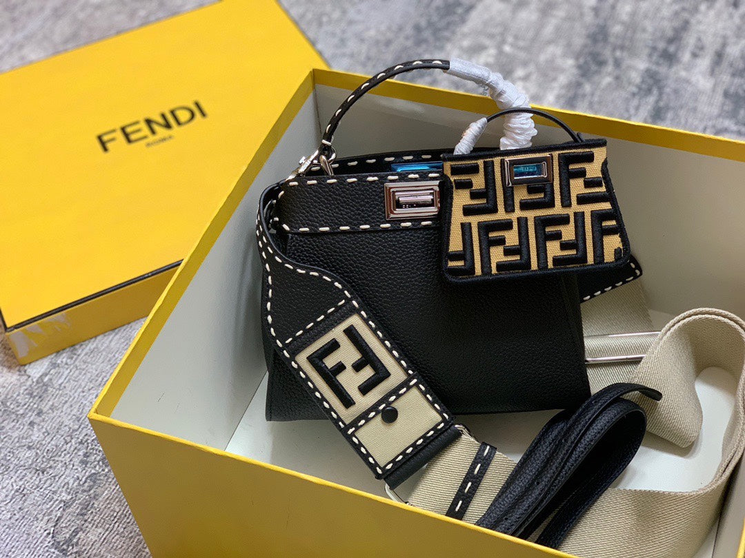 Fendi Peekaboo ISeeU Black Leather Handbag with FF Logo Strap and Charm
