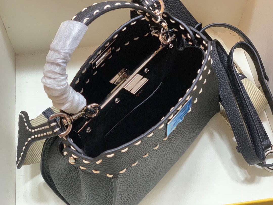 Fendi Peekaboo ISeeU Black Leather Handbag with FF Logo Strap and Mini Pouch