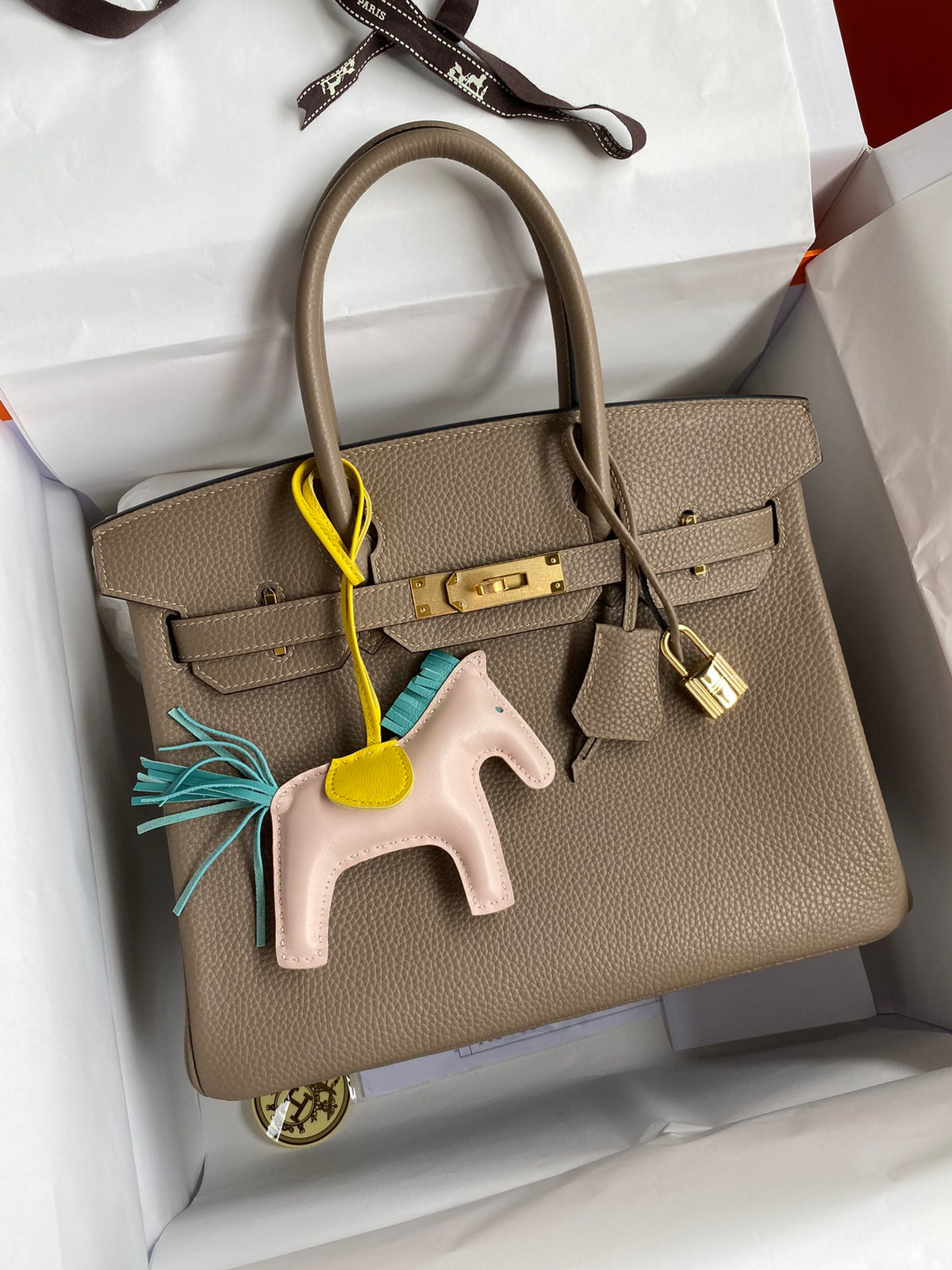 Hermes Birkin 25 Etoupe Togo Leather Handbag with Gold Hardware & Rodeo Charm