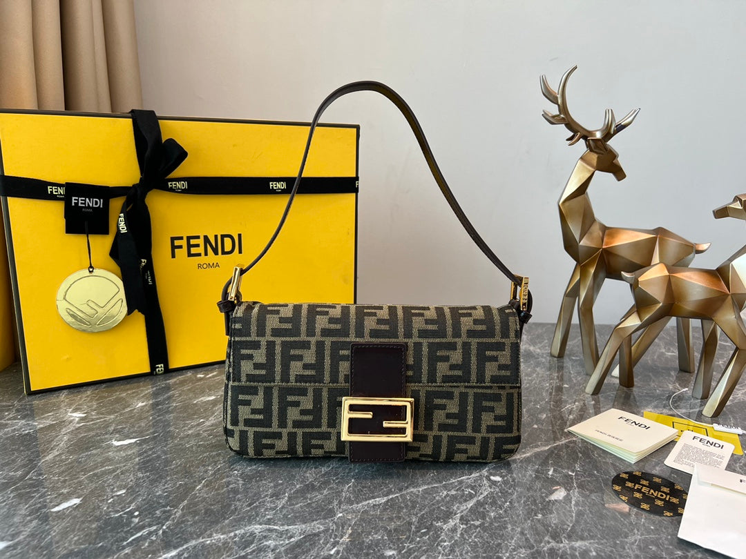 Fendi Baguette FF Monogram Canvas Shoulder Bag with Gold Hardware