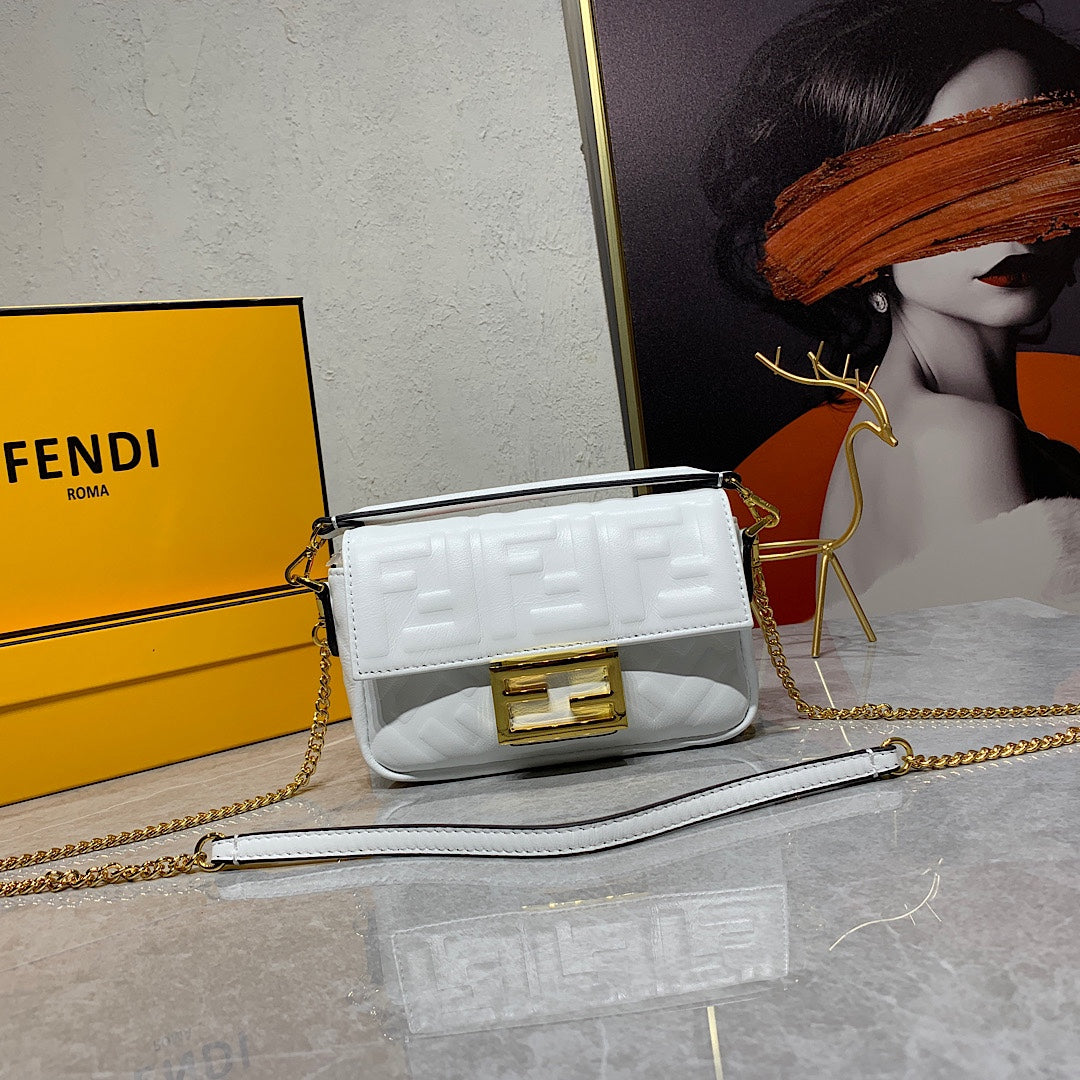 Fendi Baguette White Leather Mini Bag with Gold-Tone Chain Strap