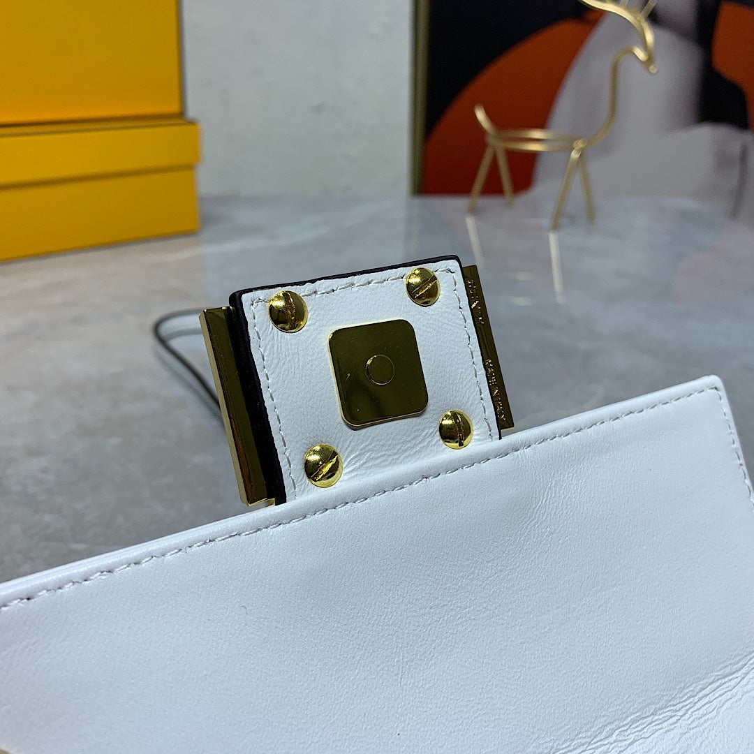 Fendi Baguette White Leather Mini Bag with Gold-Tone Chain Strap
