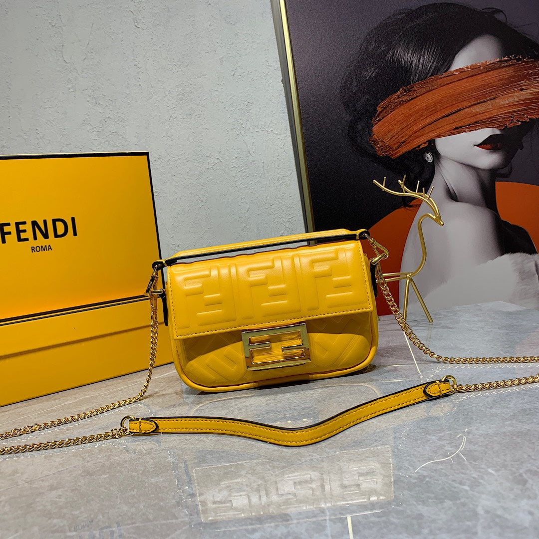 Fendi Baguette Yellow Embossed FF Logo Leather Shoulder Bag with Gold Hardware