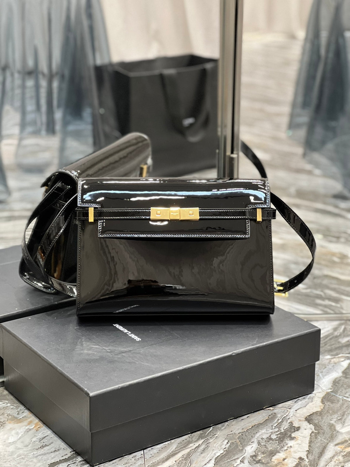 Elegant Black Patent Leather Handbag with Gold Clasp - Luxury Shoulder Bag