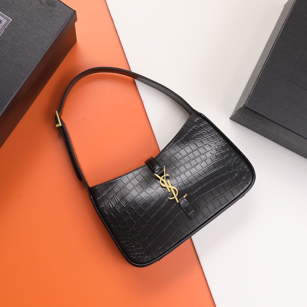 Saint Laurent Le 5 à 7 Hobo Bag in Crocodile-Embossed Leather - Black