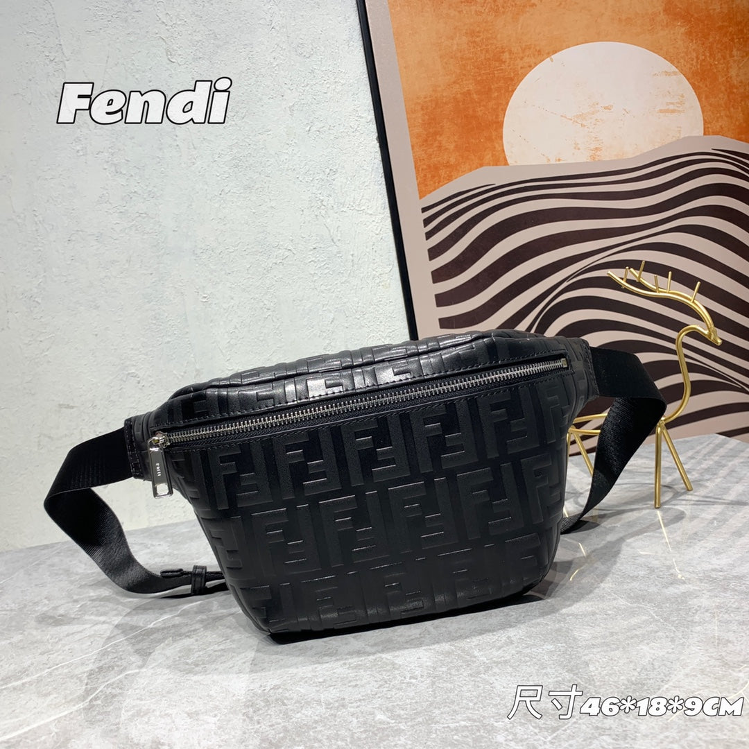 Fendi Black Embossed FF Logo Leather Belt Bag