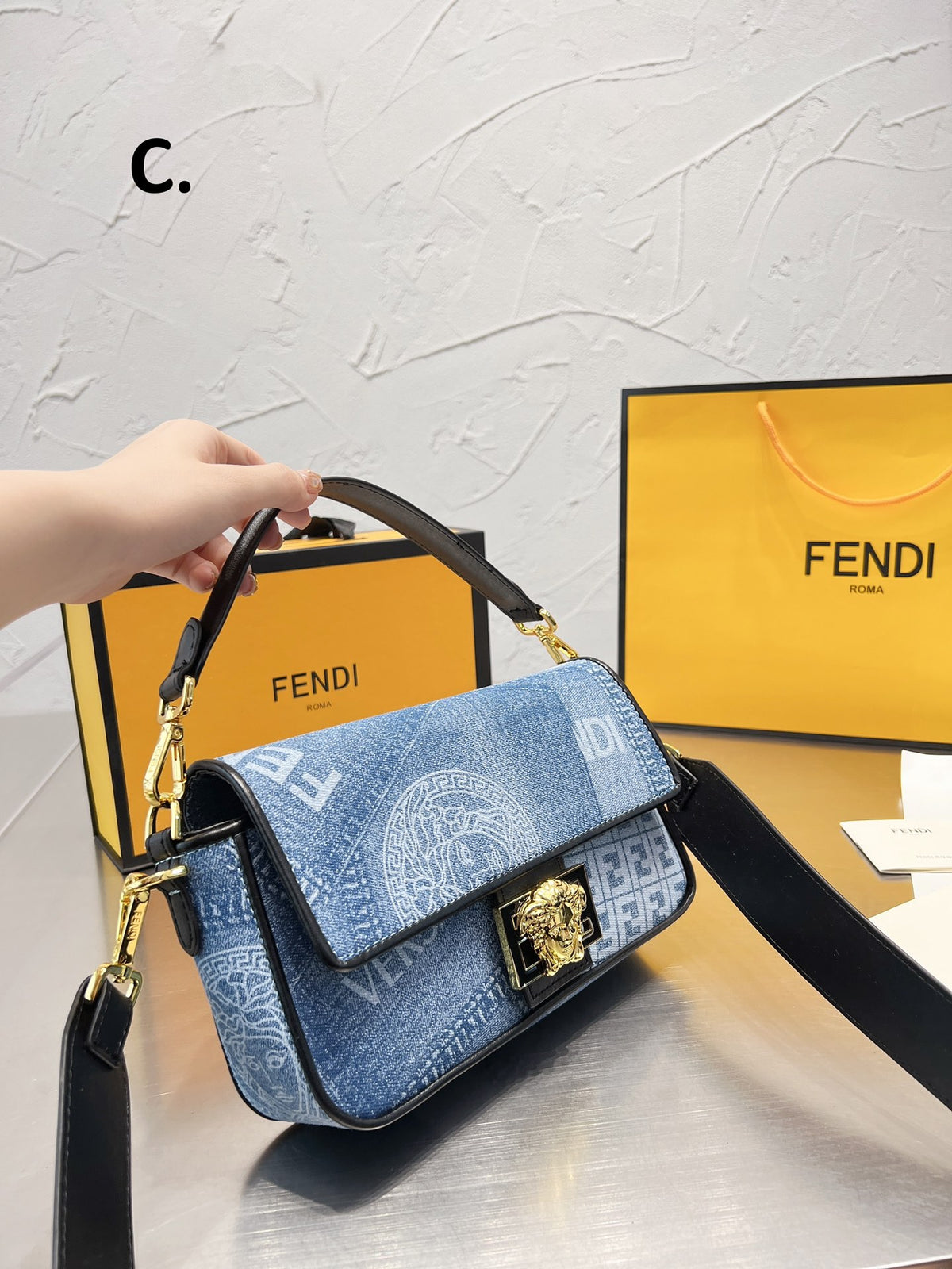 Fendace Baguette Denim Shoulder Bag with Medusa Clasp and FF Logo