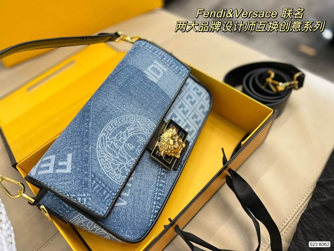 Fendace Fendi x Versace Denim Monogram Shoulder Bag with Gold Medusa Hardware
