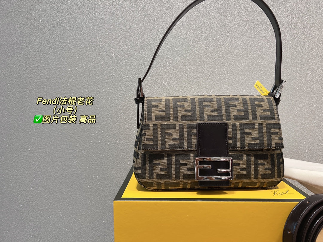Fendi Baguette FF Monogram Canvas Shoulder Bag - Brown & Tobacco