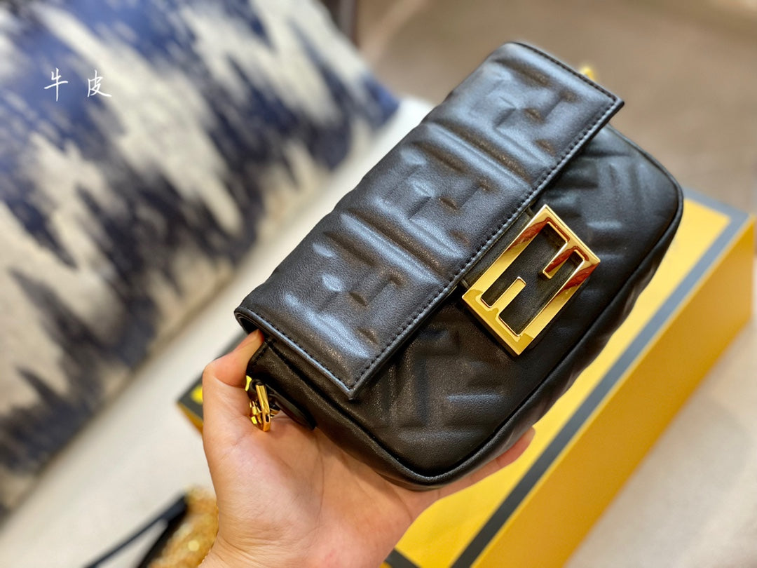 Fendi Baguette Bag - Black Nappa Leather with Embossed FF Motif and Gold Hardware