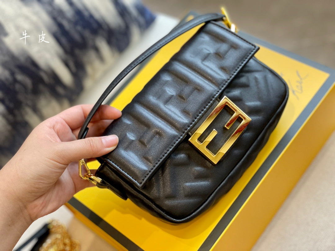 Fendi Baguette Black Embossed Leather Shoulder Bag with Gold Hardware