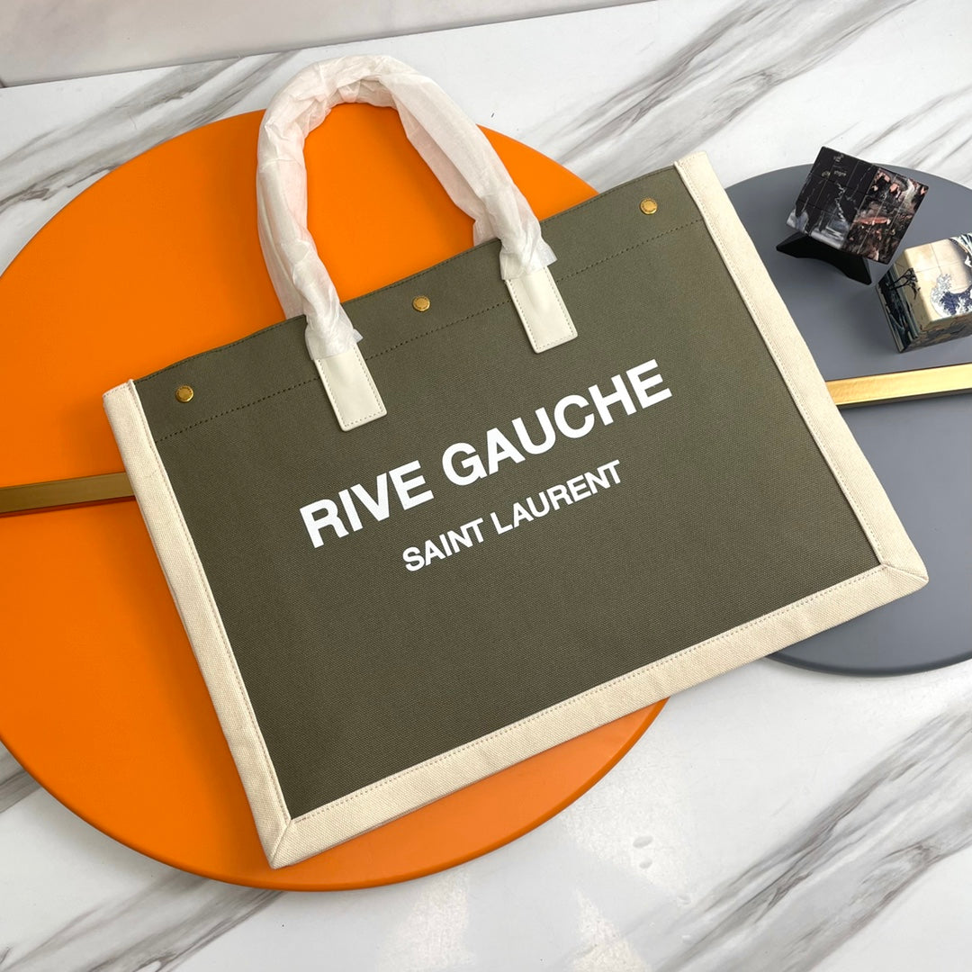 Saint Laurent Rive Gauche Canvas Tote Bag - Olive Green & Cream