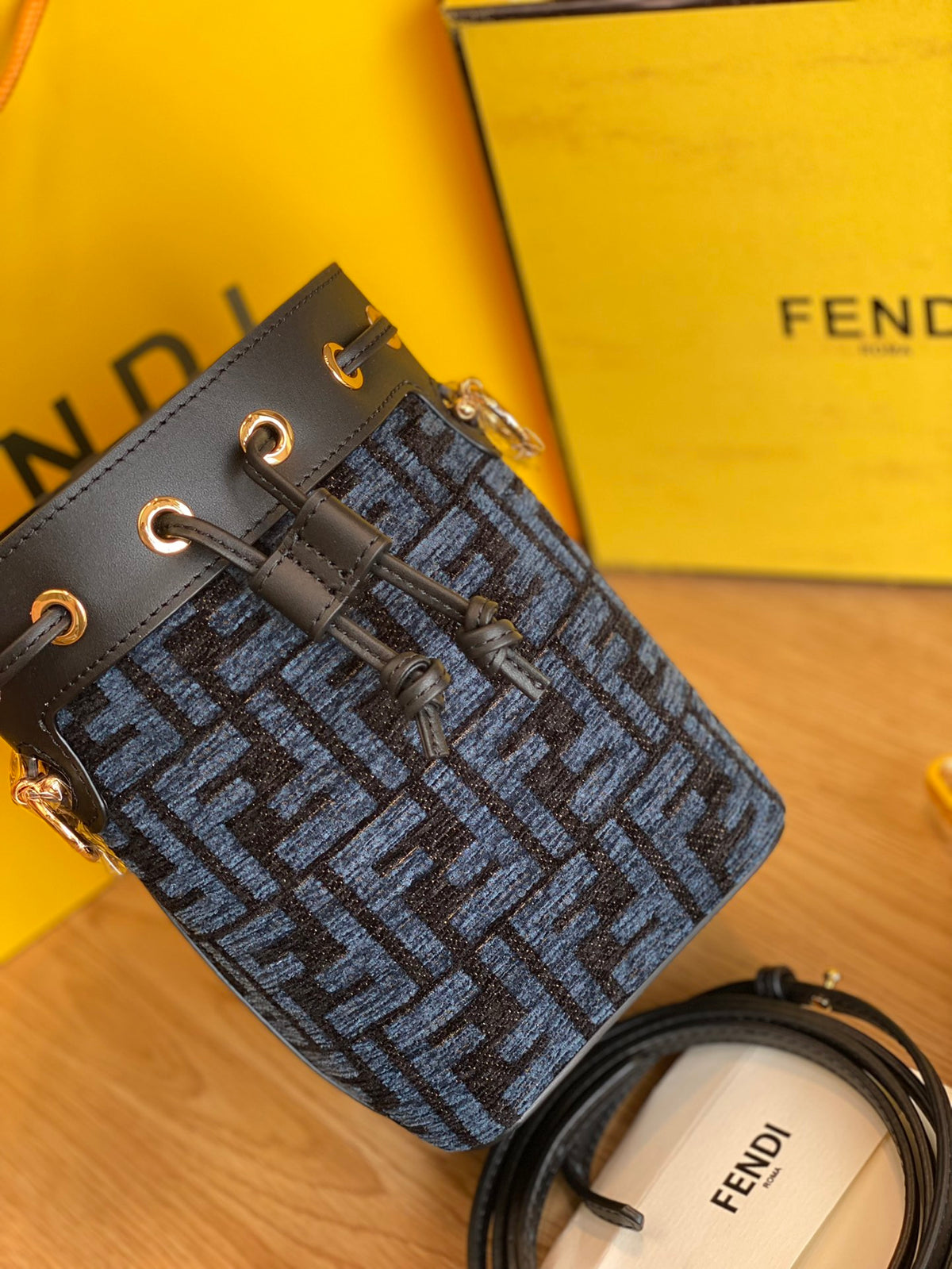 Fendi Mon Tresor Small FF Motif Blue Denim Bucket Bag
