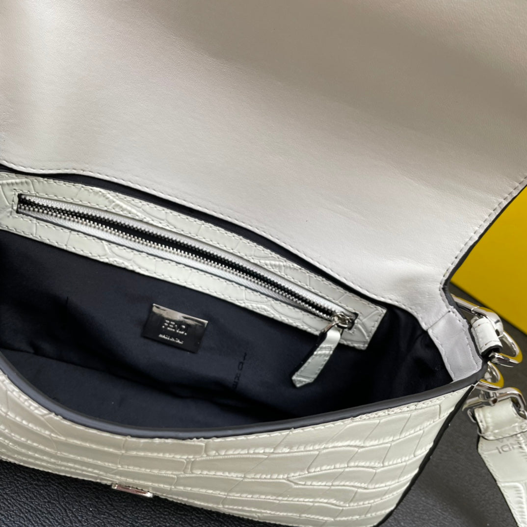 Fendi White Textured Leather Baguette Bag with Silver Hardware