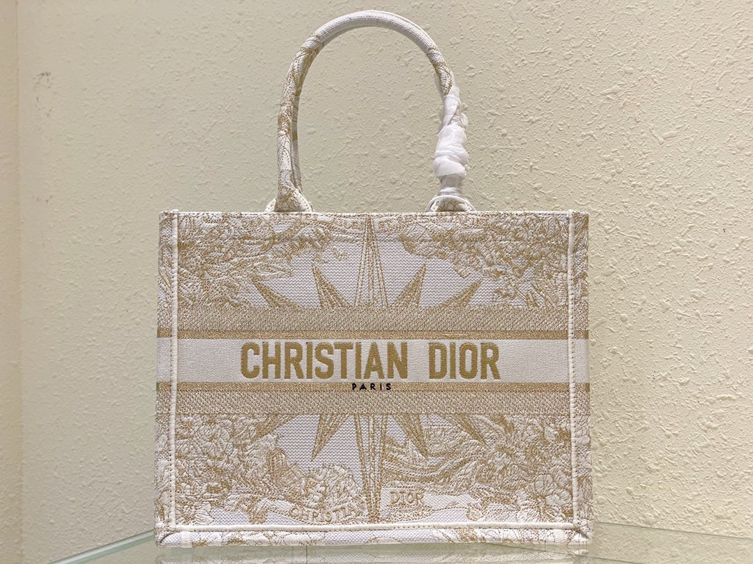 Christian Dior Book Tote Bag - White and Gold Toile de Jouy Zodiac Embroidery