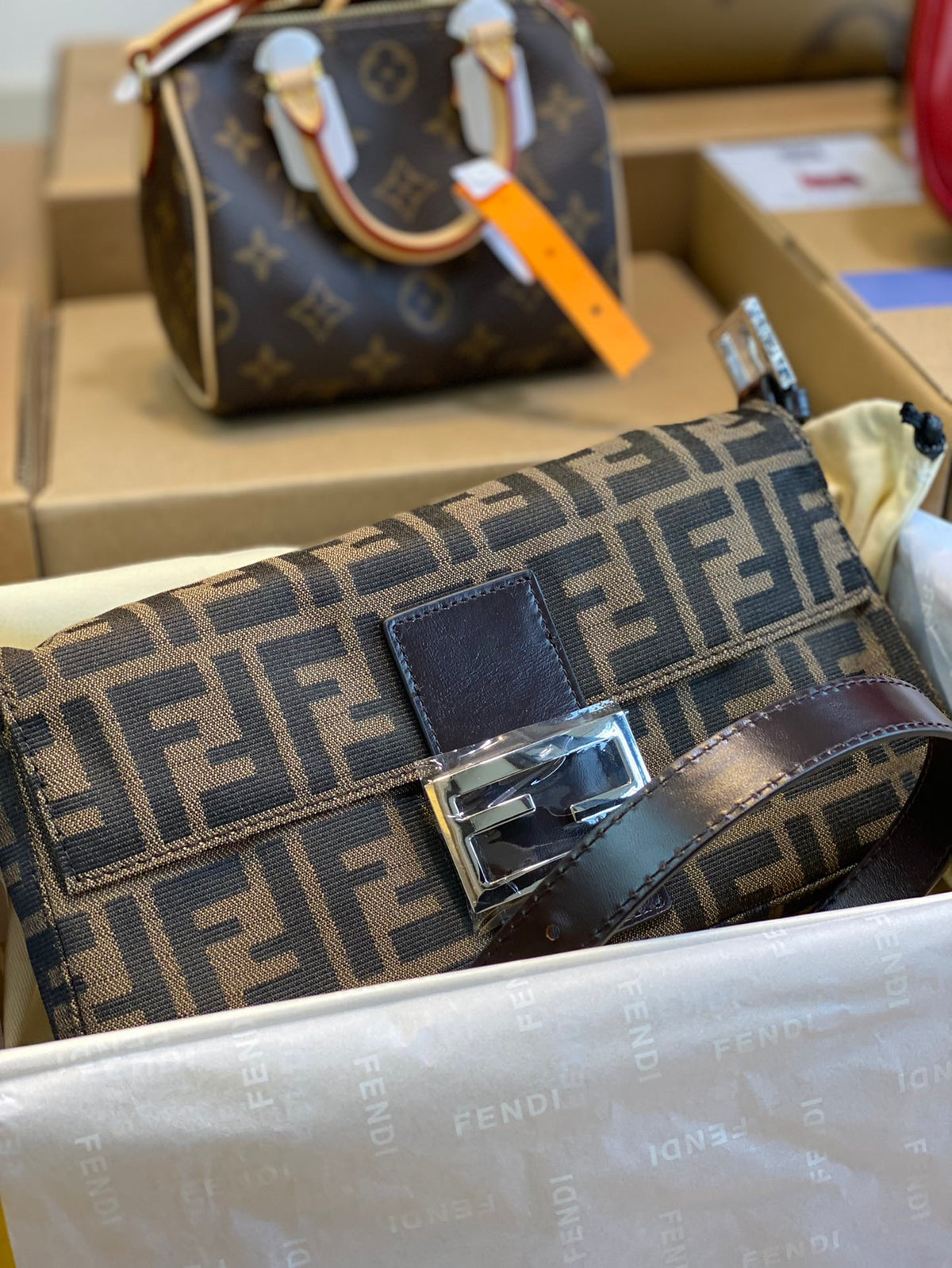 Fendi Zucca Canvas Baguette Shoulder Bag - Brown & Silver