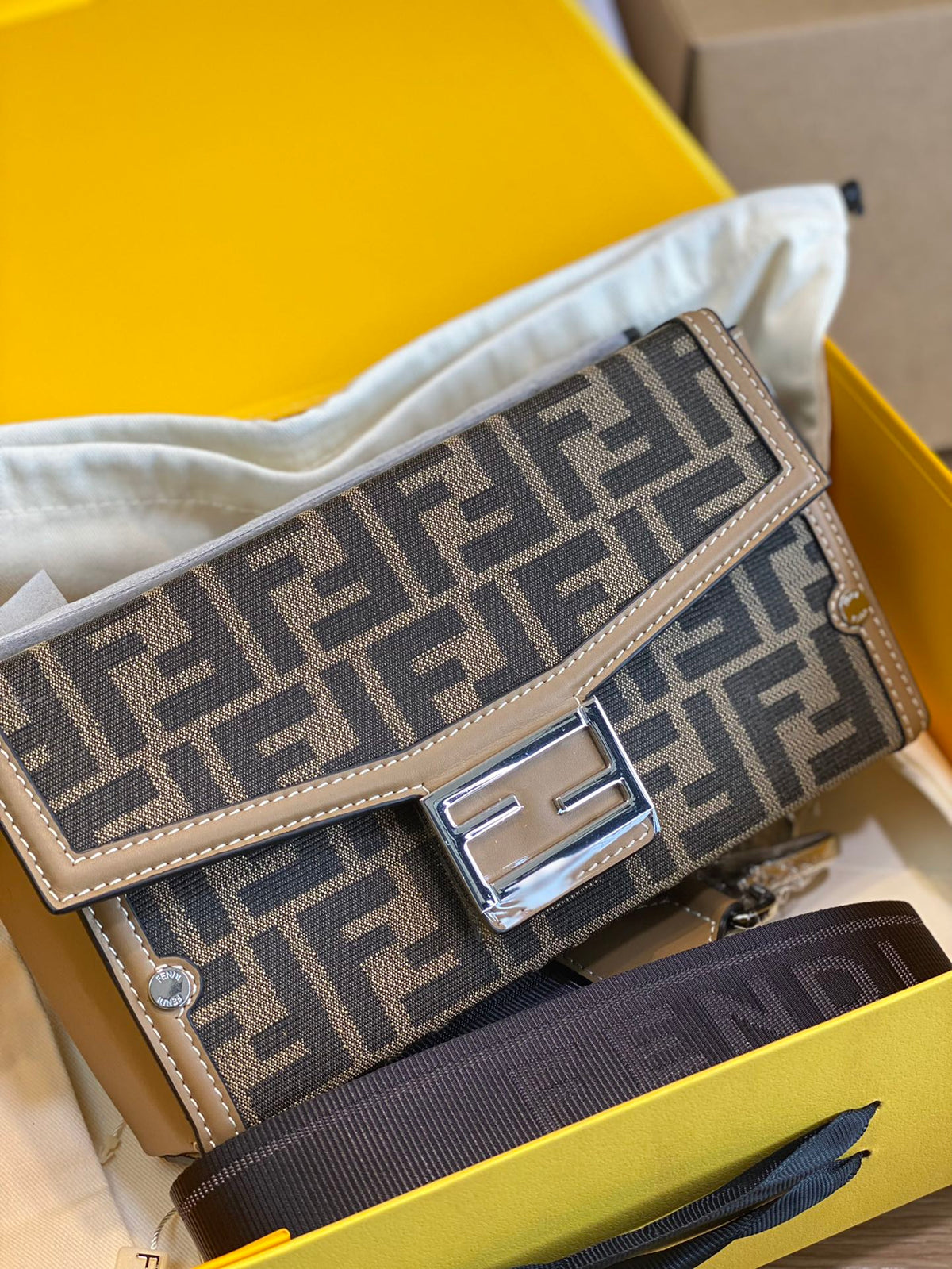 Fendi Brown Zucca Canvas Kan I Shoulder Bag with Silver-Tone Hardware