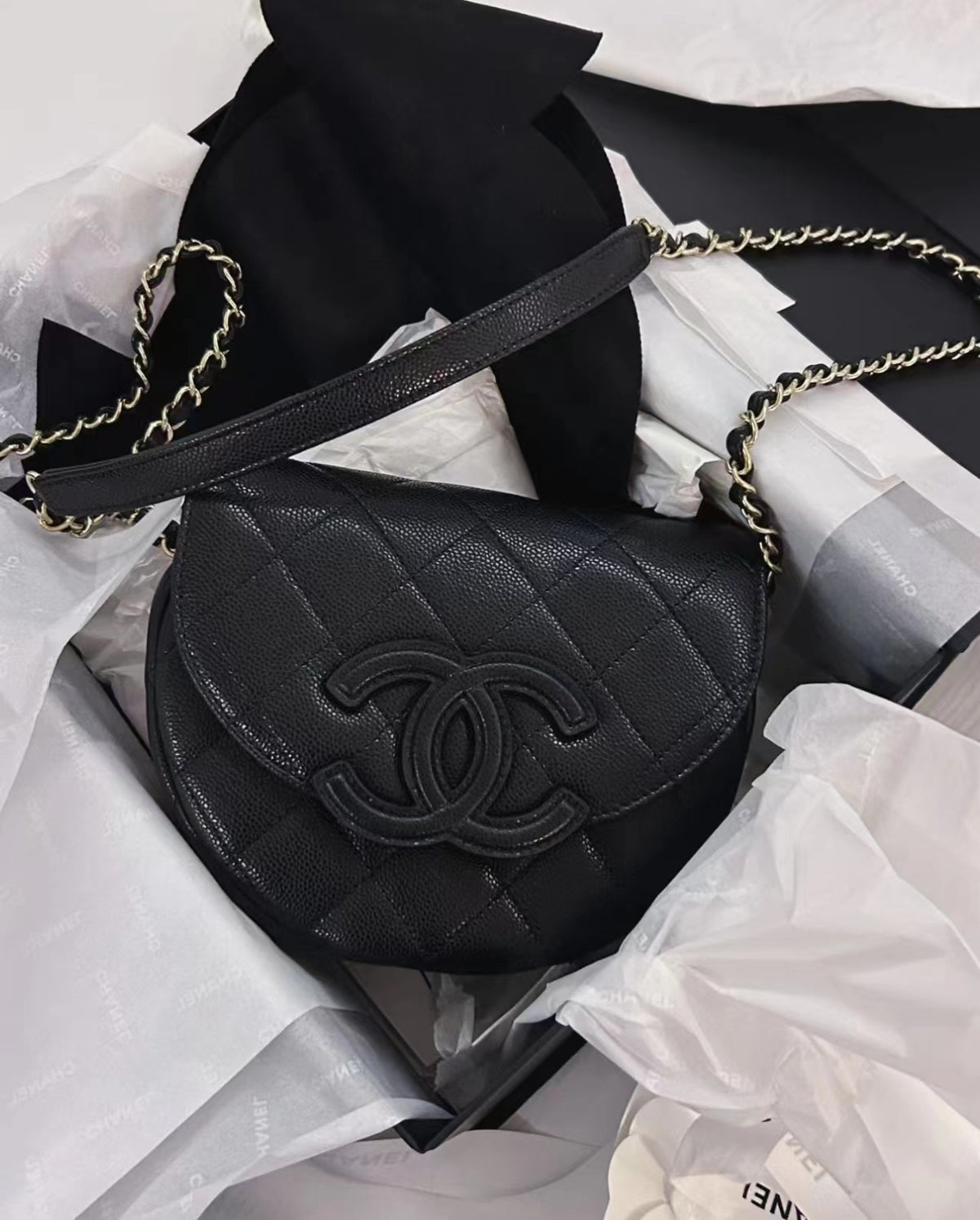 Chanel Quilted Lambskin Half Moon Flap Bag with Chain - Black