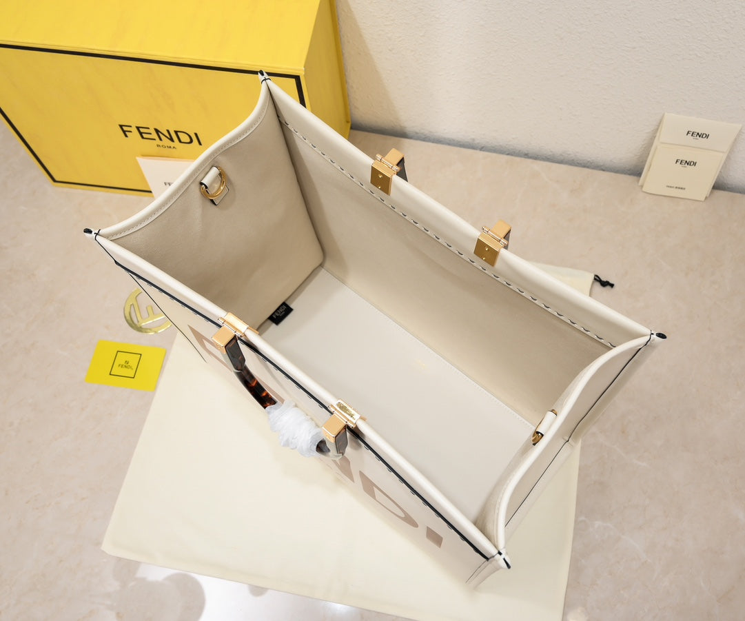 Fendi Sunshine Large White Canvas Shopper Tote Bag with Tortoiseshell Handles