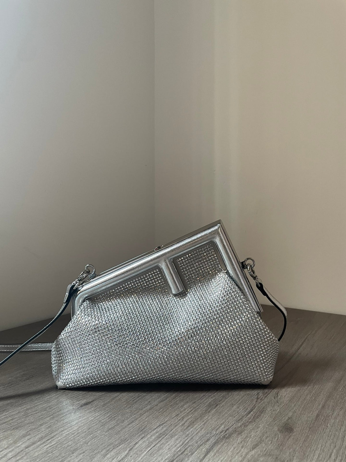 Fendi First Small Silver Metallic Leather Clutch & Crossbody Bag