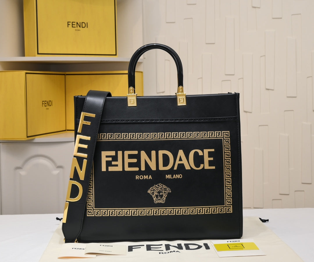 Fendace x Fendi x Versace Sunshine Shopper Tote Bag - Black Leather with Gold Hardware