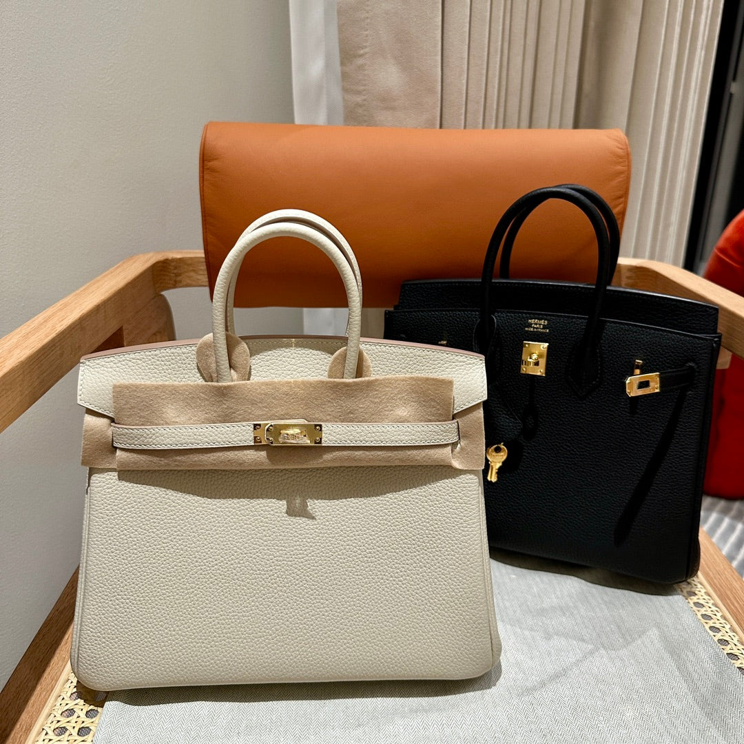 Luxury Genuine Leather Top-Handle Tote Bag - Elegant Birkin-Style Handbag in White and Black
