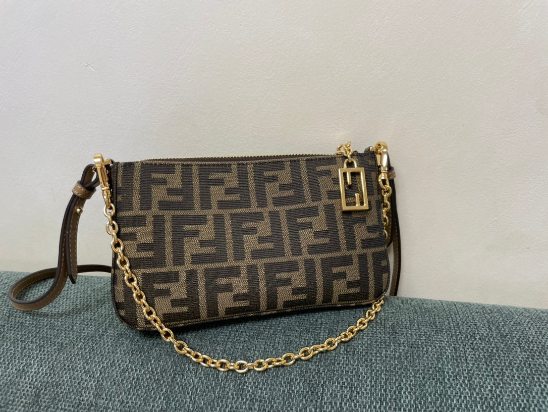 Fendi Zucca Monogram Brown Canvas Crossbody Bag with Gold Chain Strap