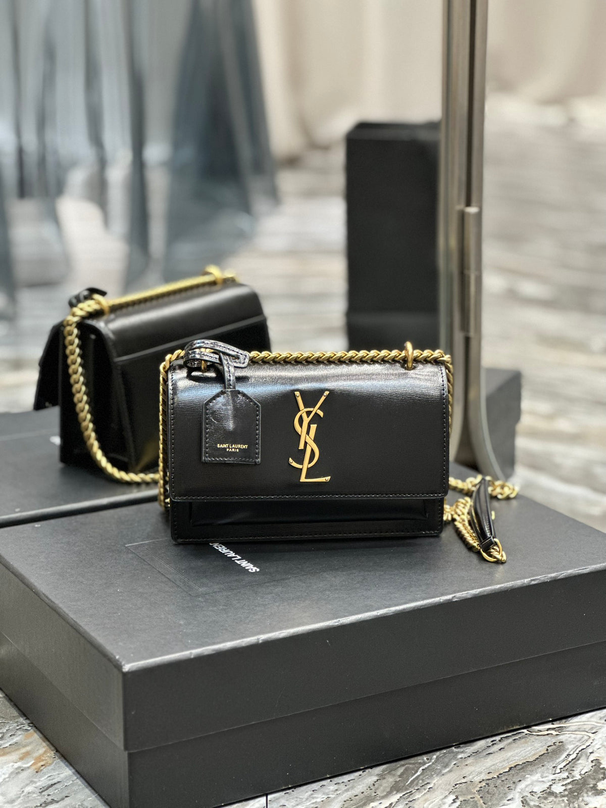 Saint Laurent Sunset Medium Shoulder Bag - Black Smooth Leather with Gold Hardware