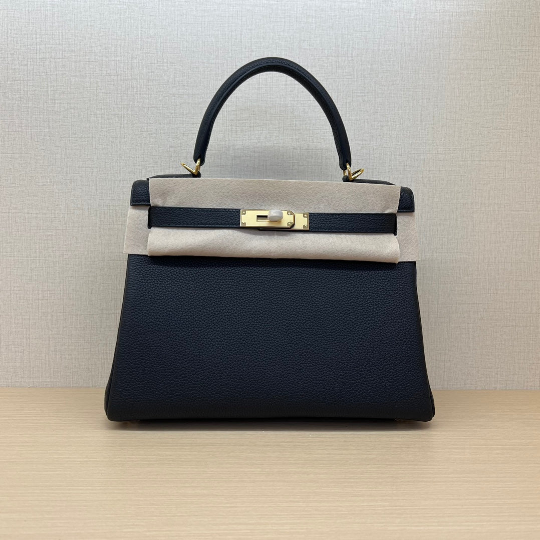 Luxury Two-Tone Leather Top Handle Handbag - Navy Blue & Beige with Gold Hardware