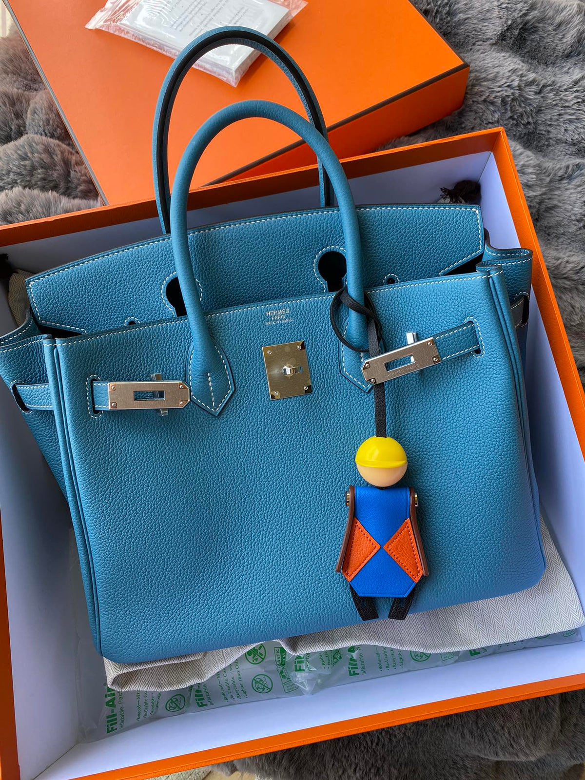 Hermès Birkin 25 Blue Leather Handbag with Palladium Hardware and Bag Charm