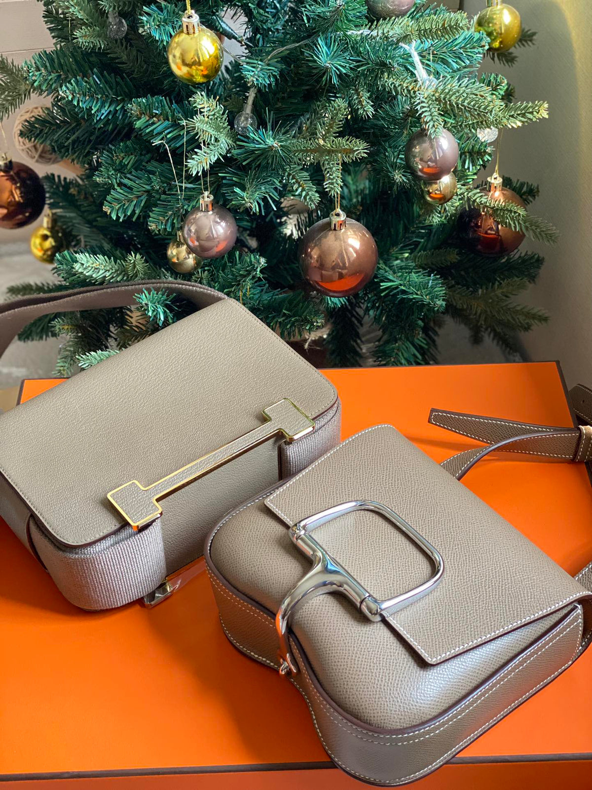 Hermès Constance and Della Cavalleria Leather Shoulder Bags in Taupe