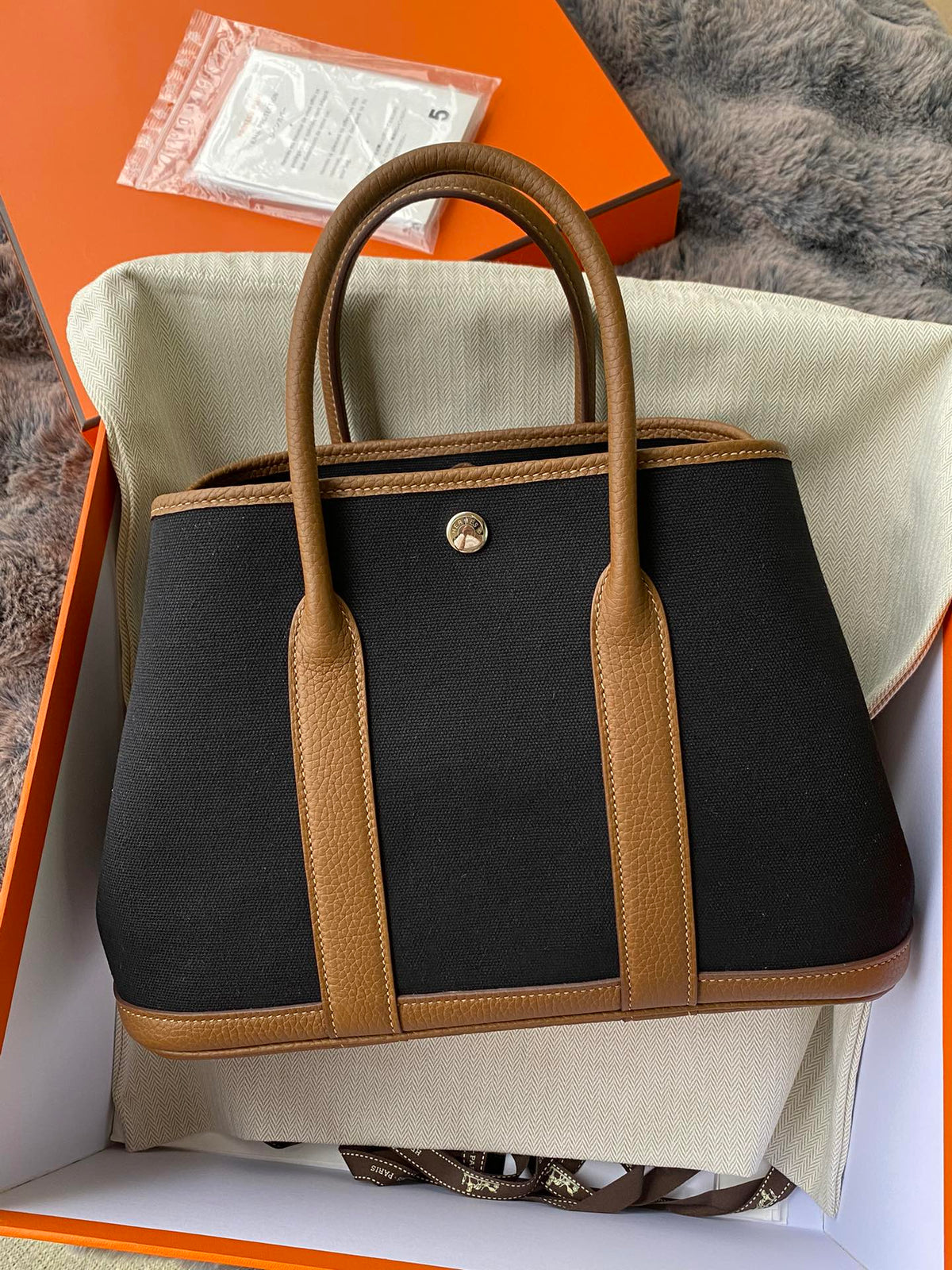 Hermès Garden Party 30 Canvas and Leather Tote Bag - Black & Gold