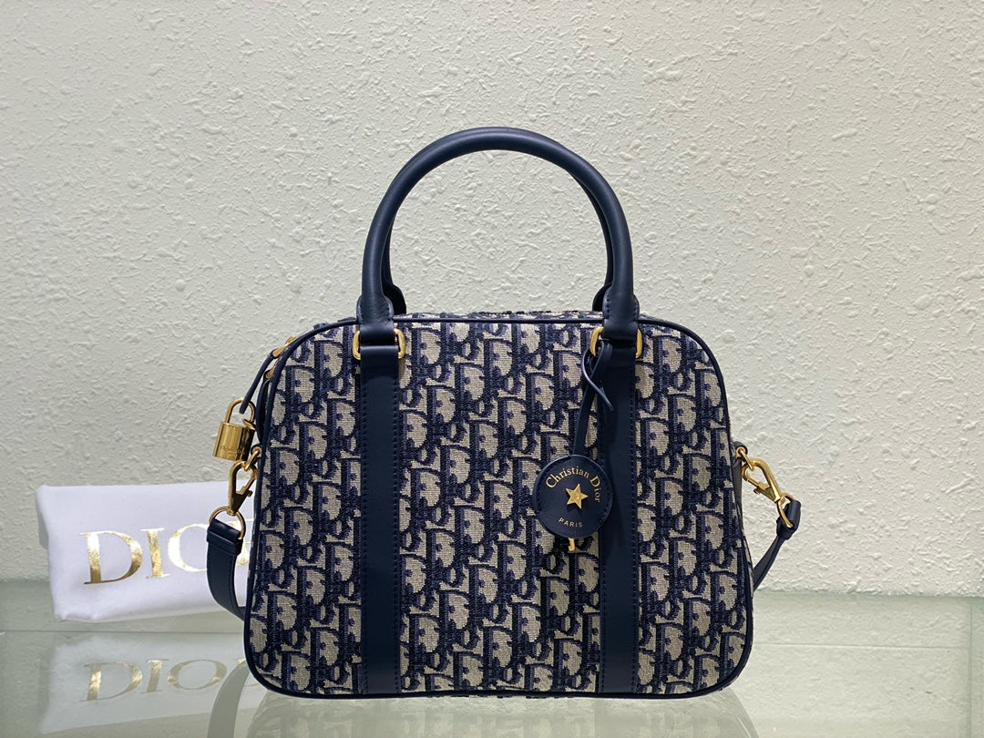 Christian Dior Blue Oblique Jacquard Medium Bowling Bag