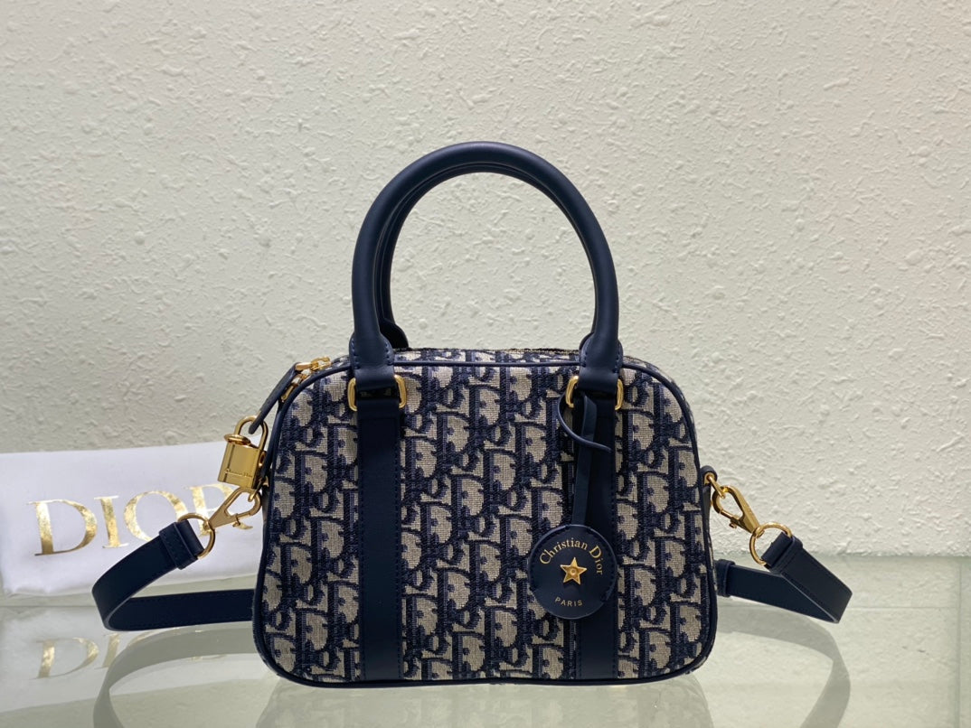Christian Dior Oblique Mini Bowling Bag Blue Jacquard Top Handle Bag
