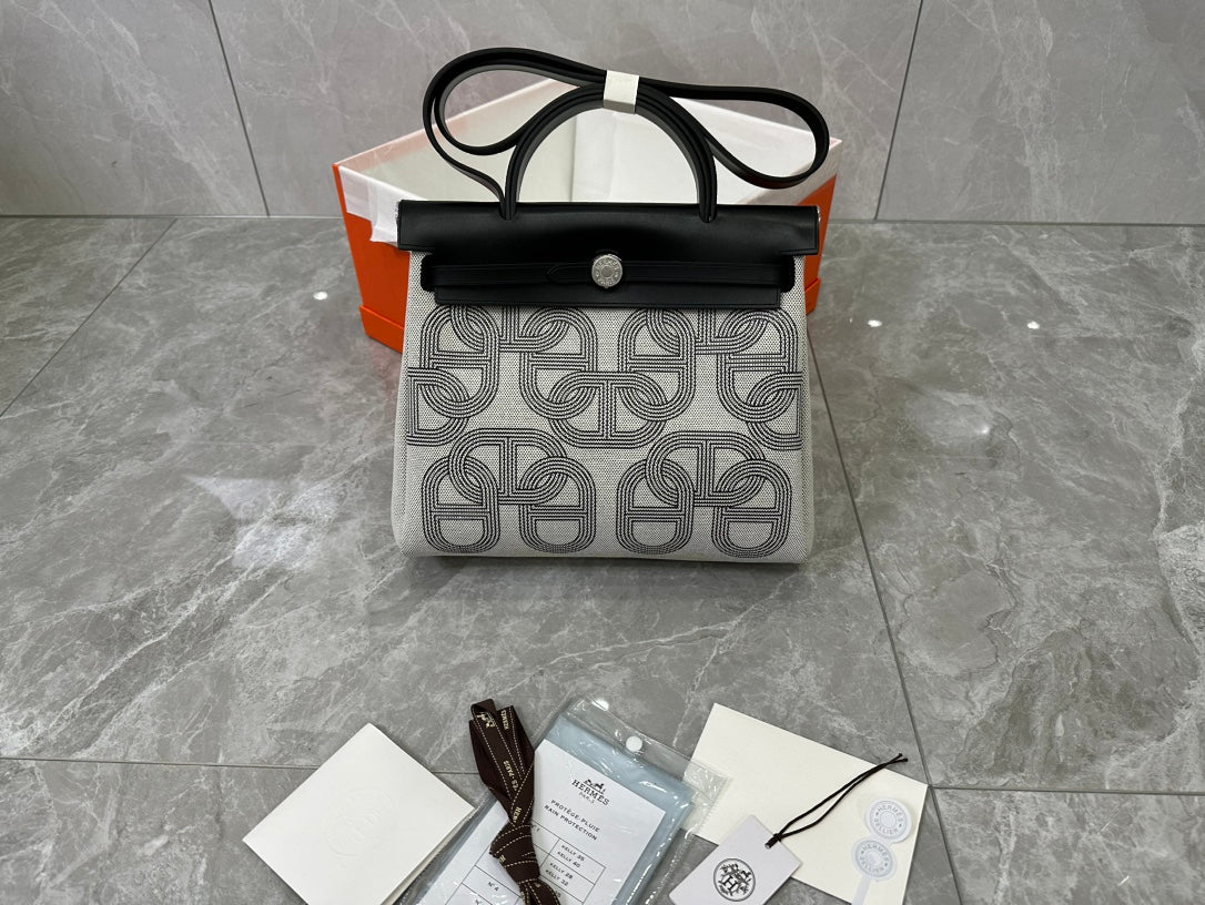 Patterned Canvas & Black Leather Top Handle Handbag - Luxury Two-Tone Shoulder Bag