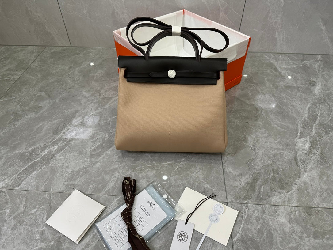 Hermès Herbag Zip Canvas & Leather Handbag - Tan and Black
