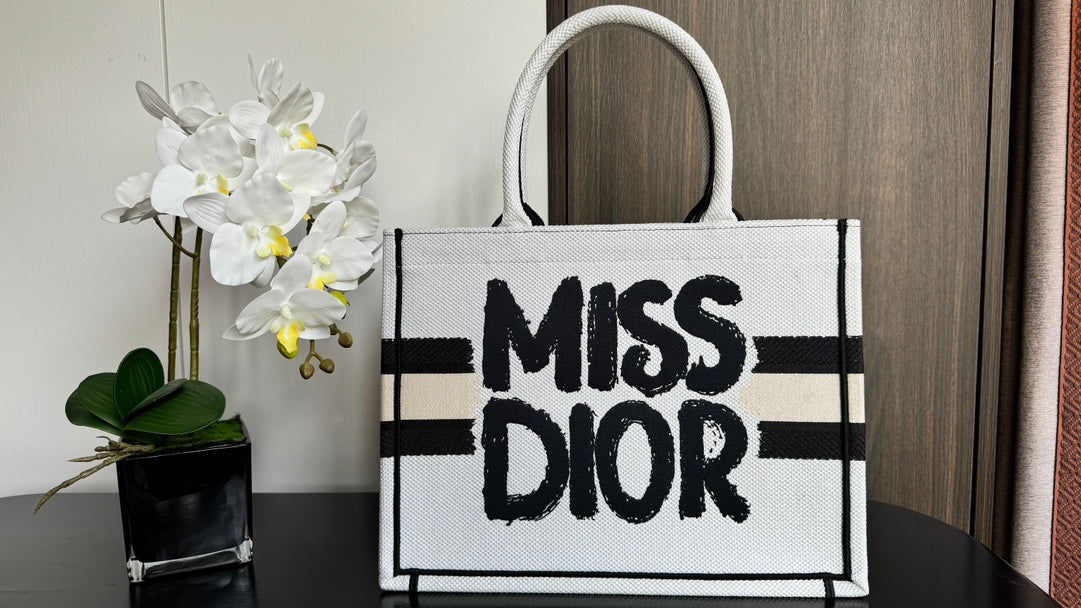Christian Dior Miss Dior Graffiti Book Tote Bag - White and Black Canvas