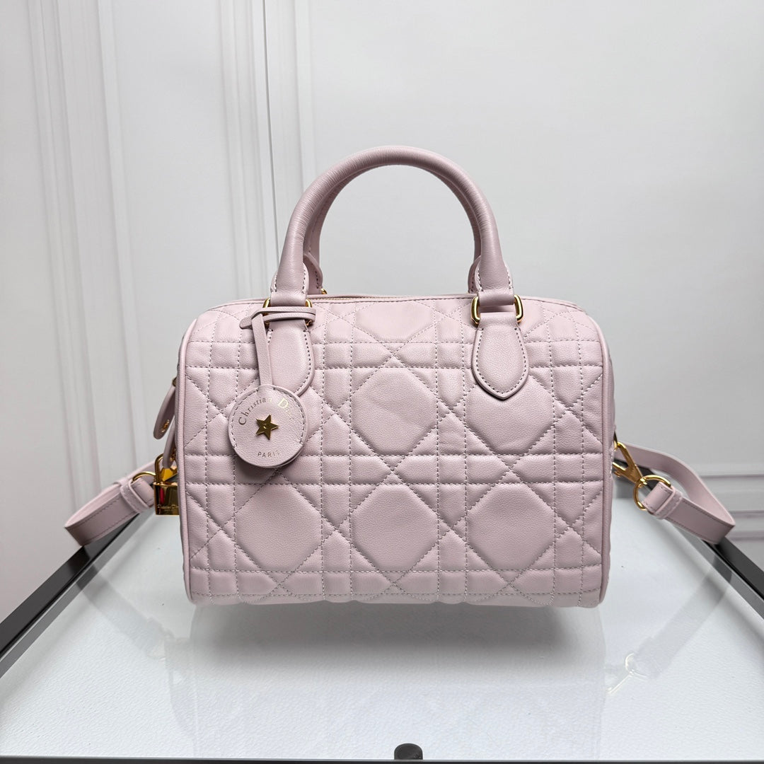 Pink Quilted Leather Boston Bag with Star Charm and Shoulder Strap