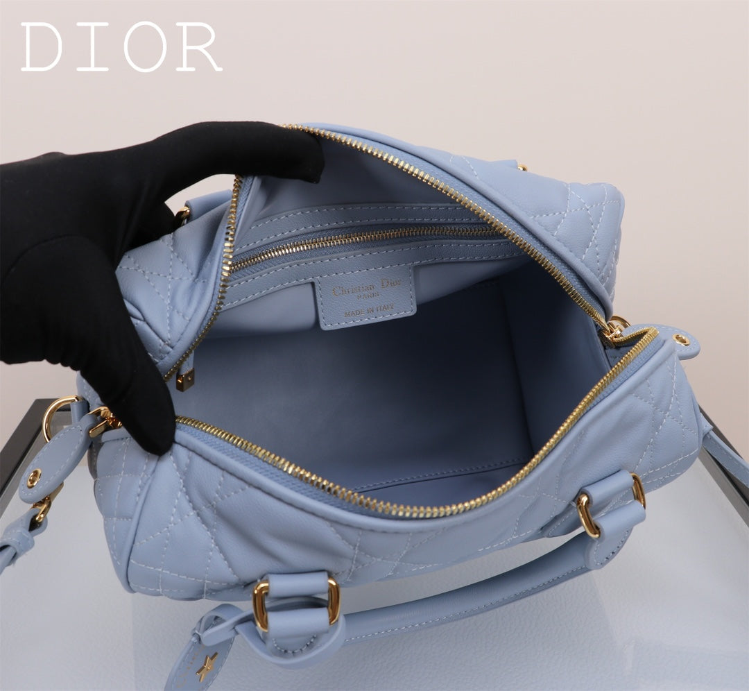 Christian Dior Vibe Zip Bowling Bag - Cannage Quilted Leather - Light Blue