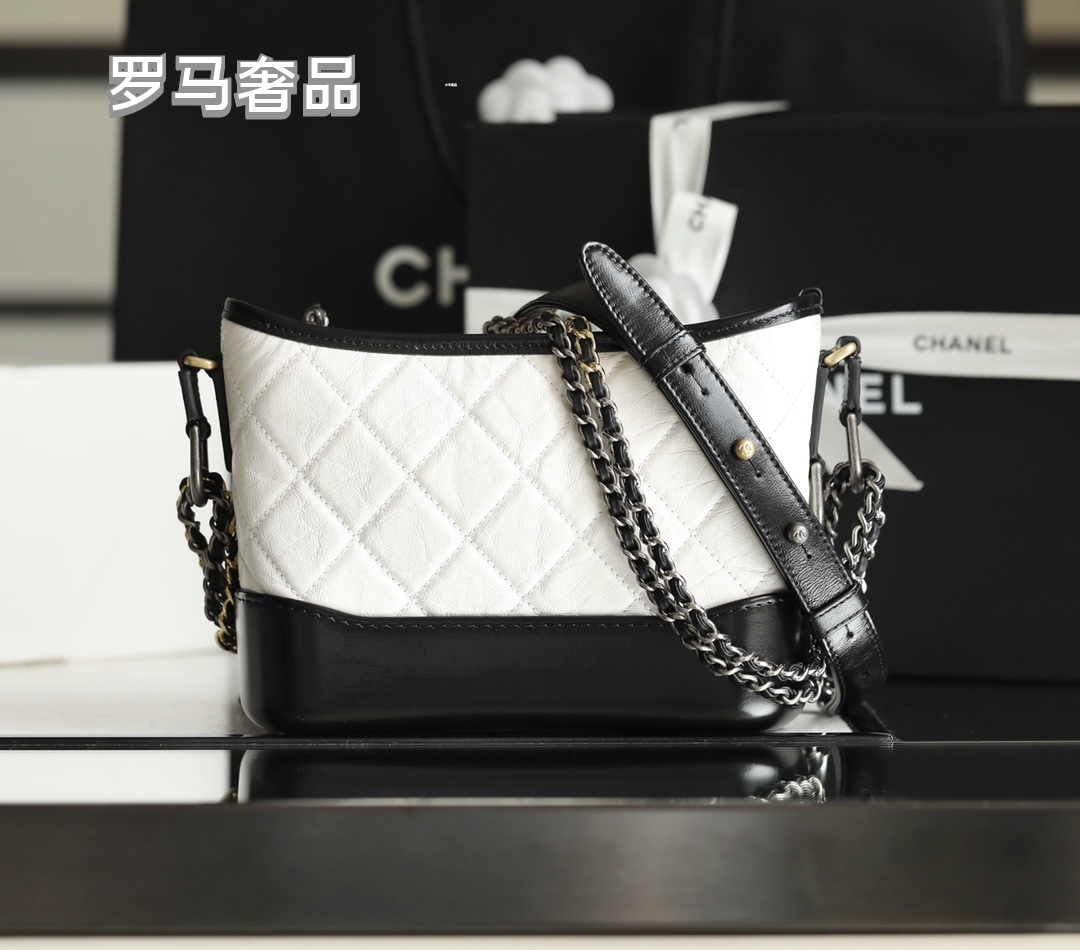 Chanel Small Gabrielle Hobo Bag - White & Black Quilted Aged Calfskin