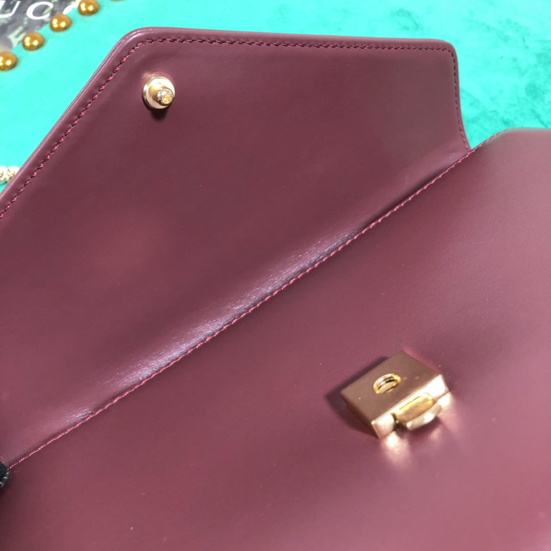 Gucci Burgundy Envelope Leather Shoulder Bag with Tiger Head Emblem
