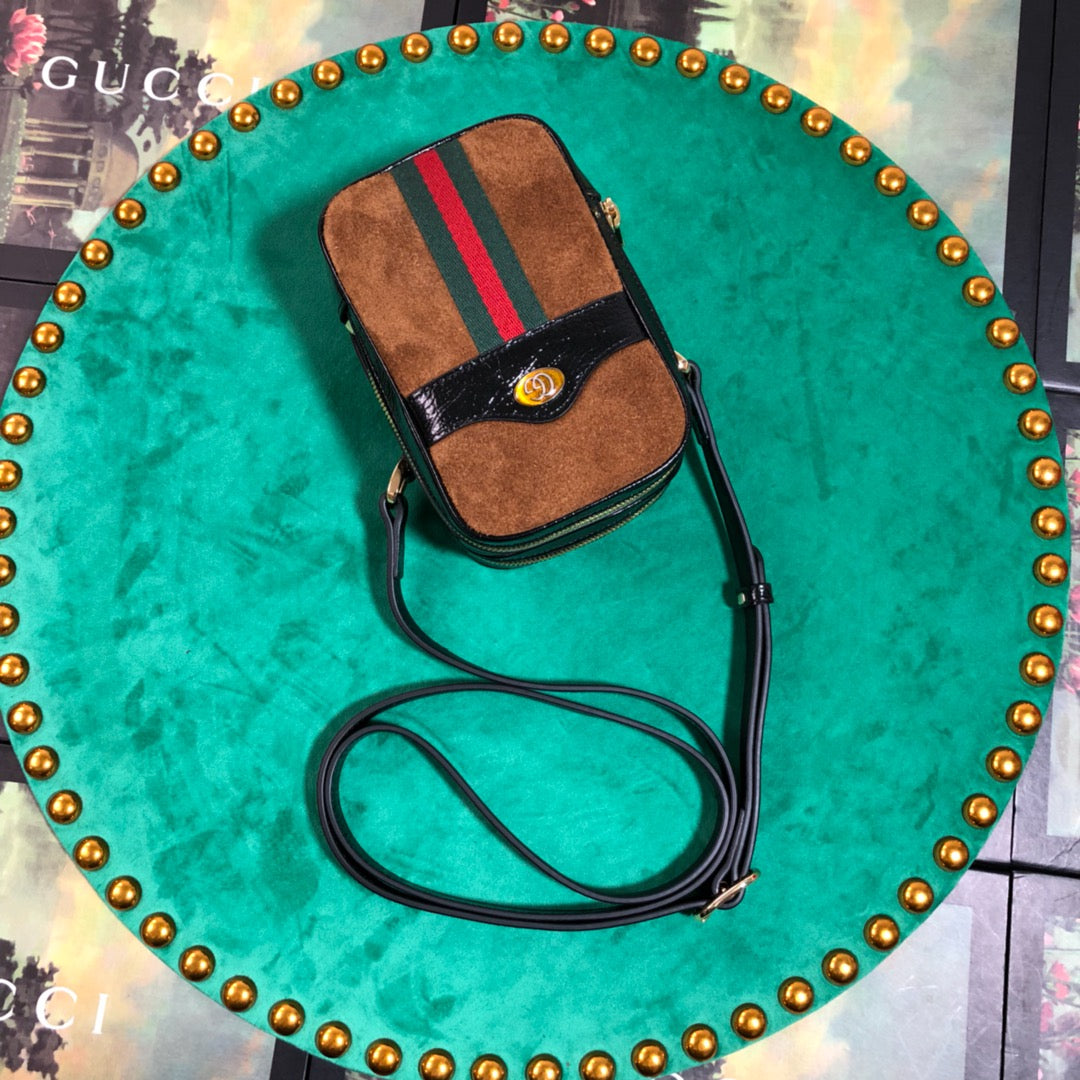 Gucci Vintage Brown Suede and Leather Mini Shoulder Bag with Web Stripe