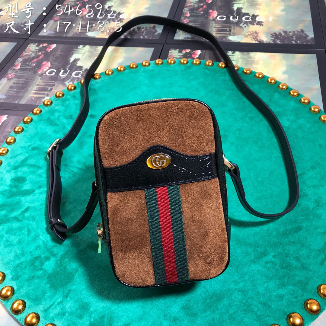 Gucci Vintage Brown Suede and Leather Mini Shoulder Bag with Web Stripe