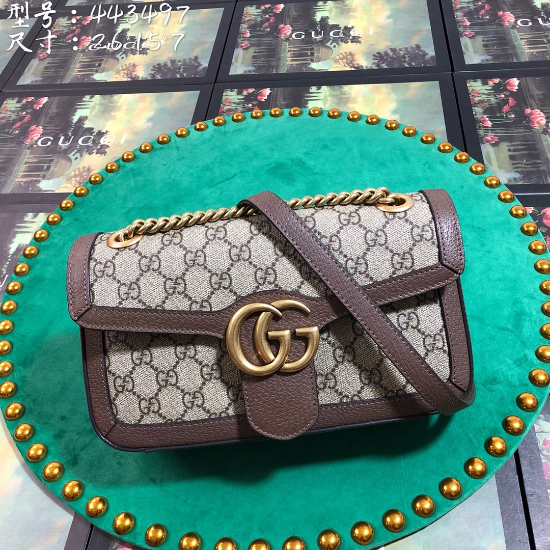 Gucci Vintage Monogram Flap Shoulder Bag with Gold Chain and Brown Leather Trim
