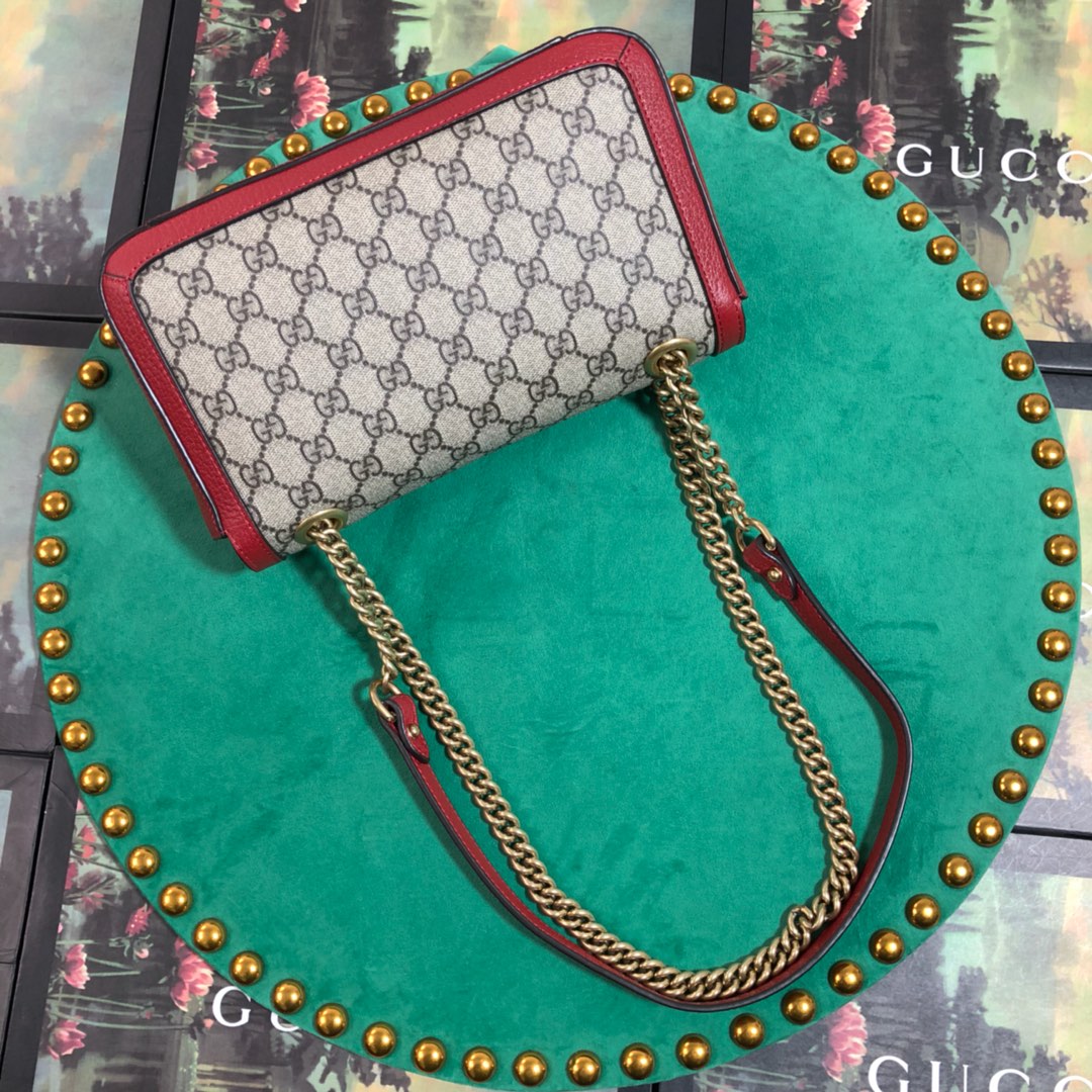 Gucci Vintage Monogram Canvas Shoulder Handbag with Red Trim and Gold Chain