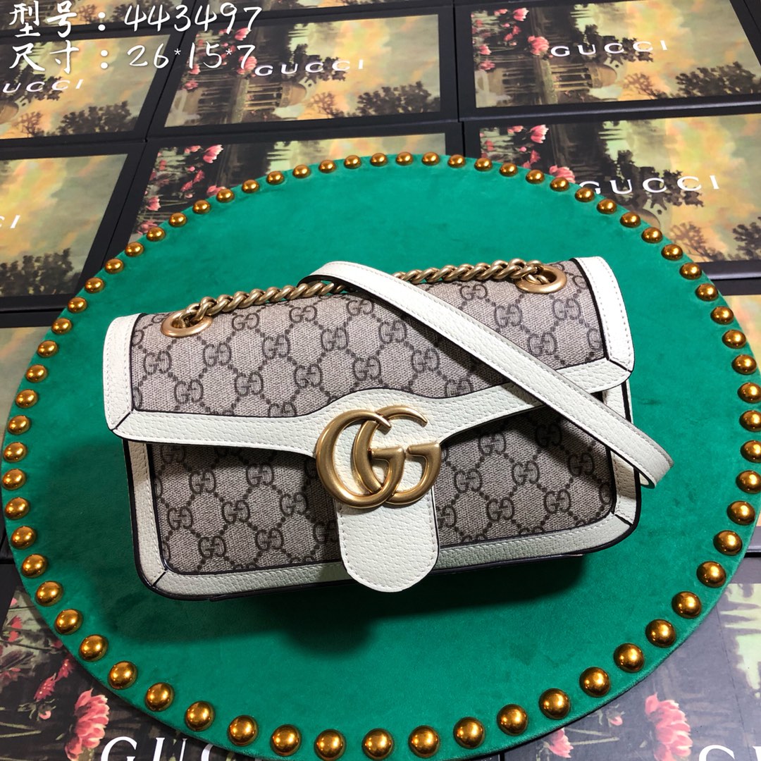 Gucci Elegant Monogram Flap Shoulder Bag with White Leather Trim