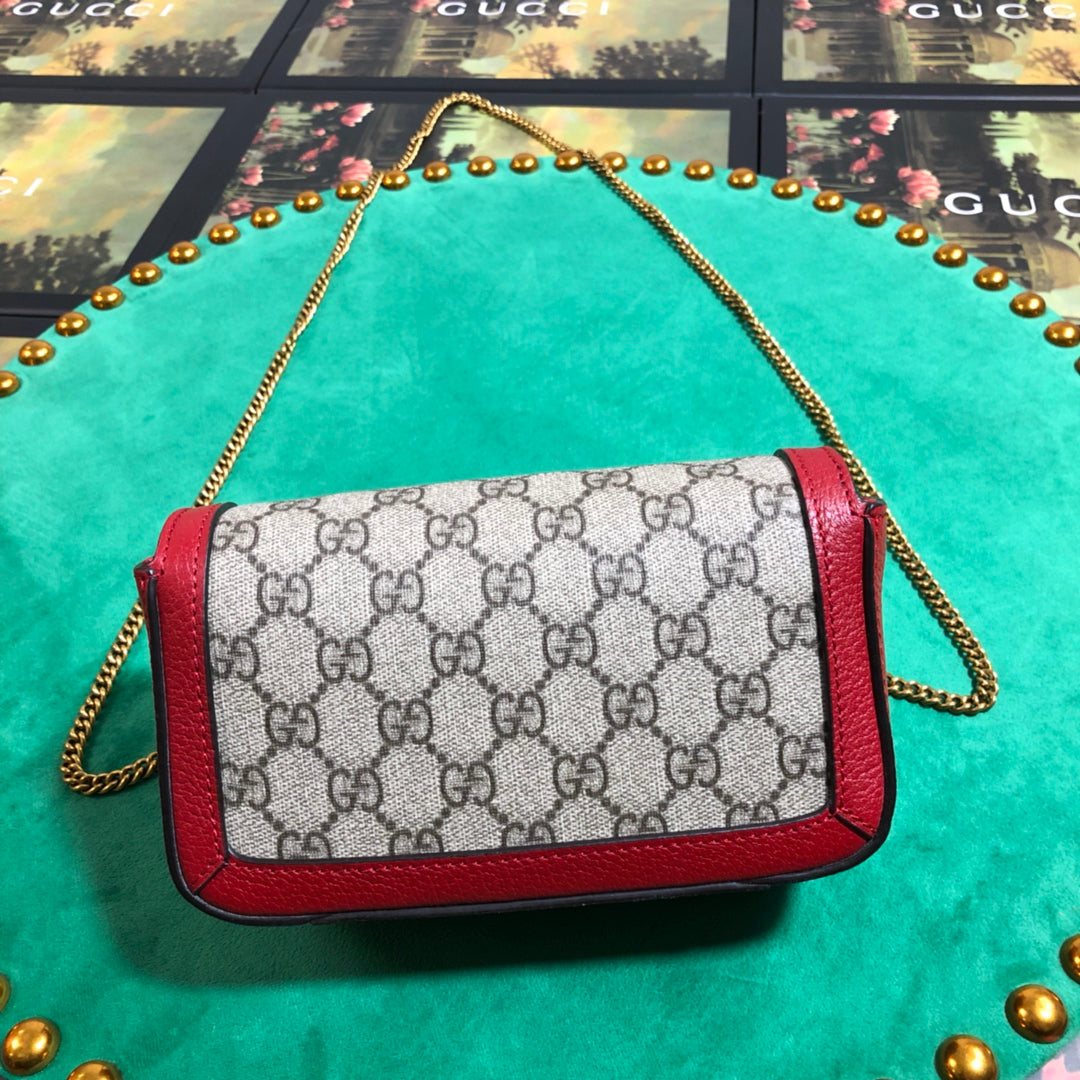 Gucci Classic Monogram Canvas Mini Crossbody Bag with Red Trim and Chain