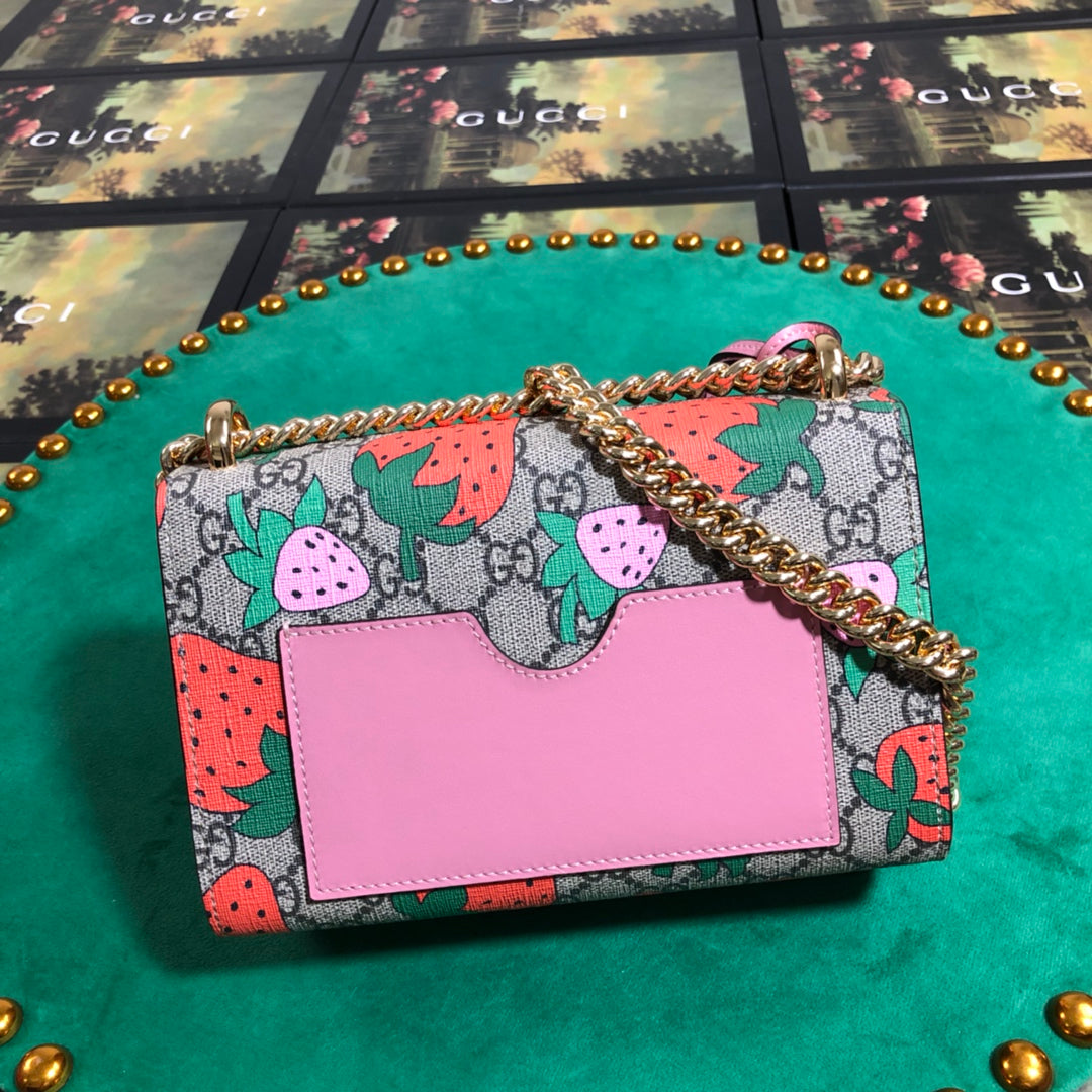 Gucci Strawberry Print Monogram Canvas Padlock Shoulder Bag with Chain Strap