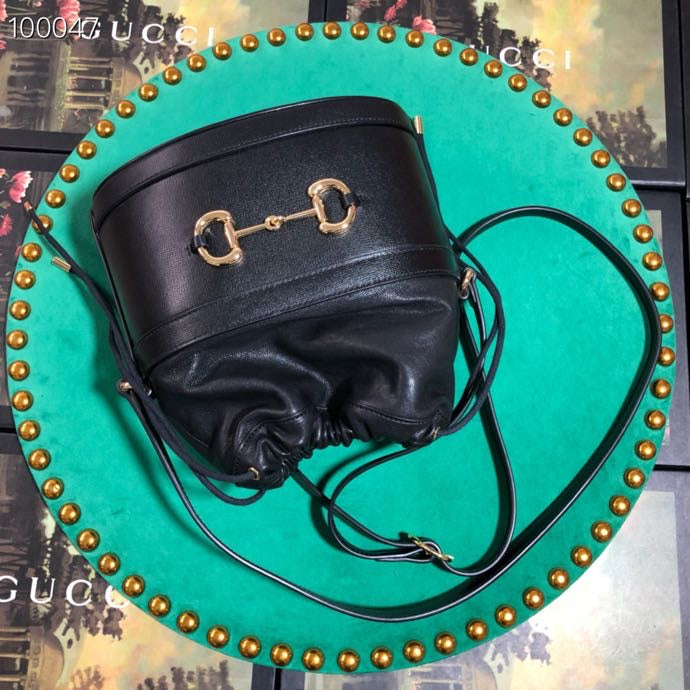 Gucci Classic Black Leather Drawstring Bucket Crossbody Bag